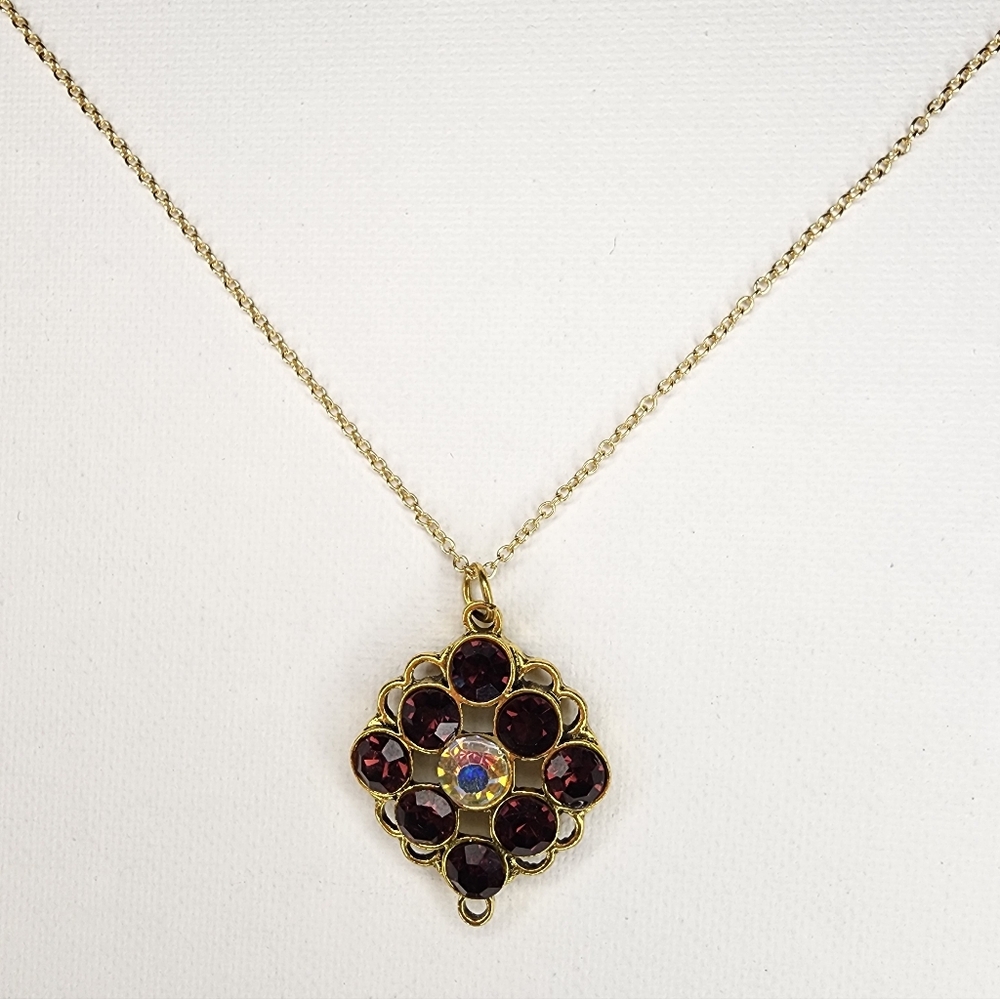 Gold-Tone Deep Red Garnet & Aurora Borealis Crystal Pendant Necklace